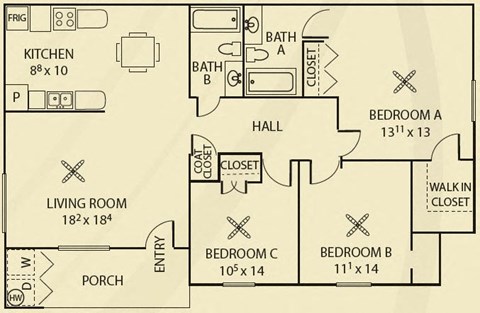 Floor plan for 3 beds, 2 baths, 1140 sqft